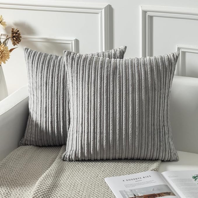 Kevin Textile Striped Corduroy 22”x22” Pillow Covers 2 Pack, Light Grey