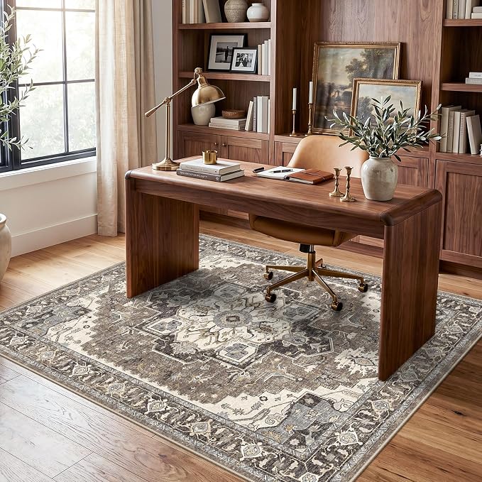 Washable Living Room Area Rug 5x6: Indoor Entryway Kitchen Rugs with Non-Slip Rubber Backing Large Vintage Stain Resistant Bedroom Carpet Non-Shedding Soft Thin Floor Mat for Dining Room(Beige,5x6)