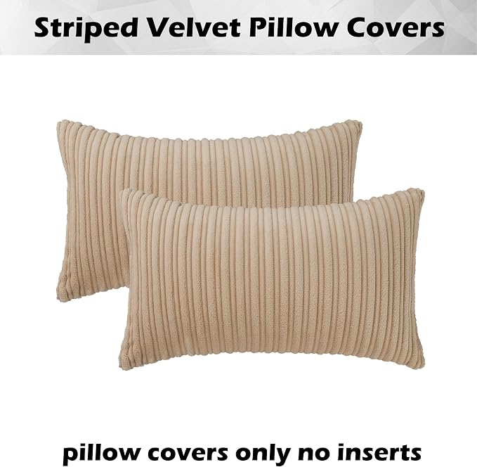 Kevin Textile Striped Corduroy 12”x20” Pillow Covers 2 Pack, Beige