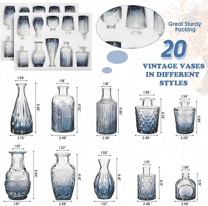 Inbagi 20 Pcs Glass Bud Vase Set - Small Flower Vases Bulk, Vintage Embossed Decorative Bottles for Wedding Valentine Home Table Centerpieces Decor, Gradient Blue