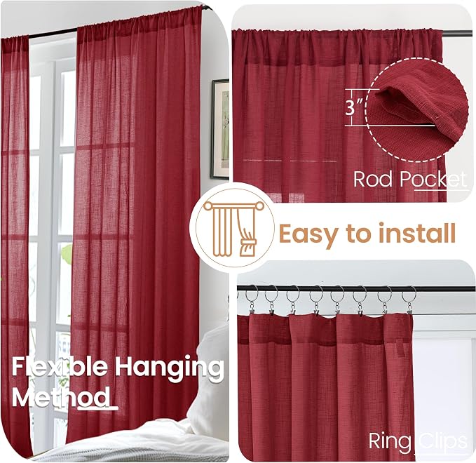 BGment Burgundy Curtains for Living Room 84 Inches Long 2 Panels Set, Linen Window Drapes Semi Sheer Light Filtering with Rod Pocket for Bedroom Dining Decor Lightweight, 52 X 84 Inch