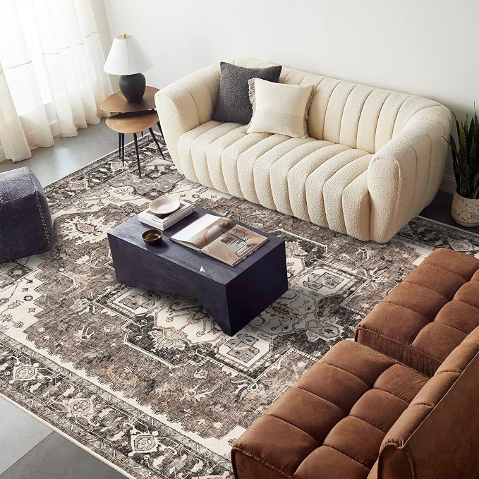 Washable Living Room Area Rug - 9x12 Large Bedroom Rug Distressed Oriental Non-Slip Non-Shedding Print Floor Carpet for Dining Room Kitchen（Beige, 9 x 12）