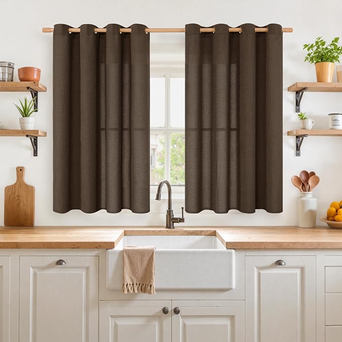 YoungsTex Short Linen Curtains 45 Inch Length for Living Room Window, Chocolate Brown Light Filtering Drapes Bronze Grommet Privacy for Kitchen Bedroom, 52 x 45 Inch, 2 Panels
