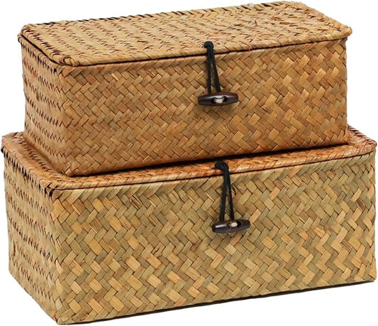 Set of 2 Wicker Basket with Lid, Seagrass Woven Basket for Storage | Decorative Storage Baskets Bins for Organizing Home, Shelf Storage Boxes, Rectangular Woven Design, Multipurpose Home Decor