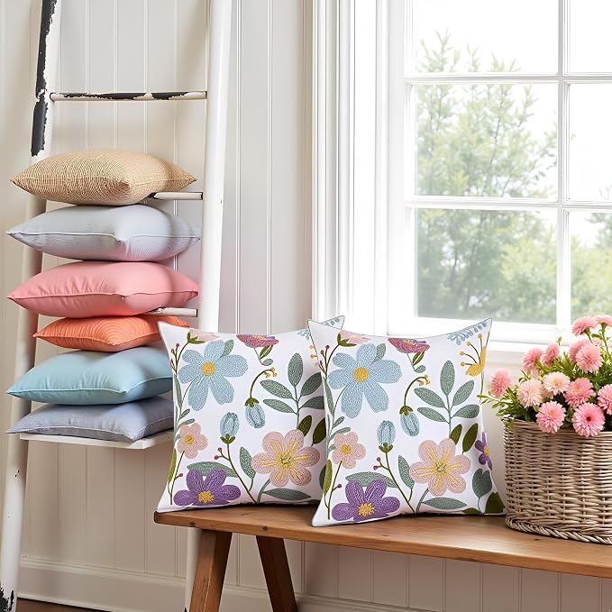 Embroidered Throw Pillow Covers 18x18 Pack of 2 Multicolored Flowers Pillow Covers Farmhouse Pillow Cushion Case Summer Decorative Farm Pillowcases Square Rustic Floral Pillow Case
