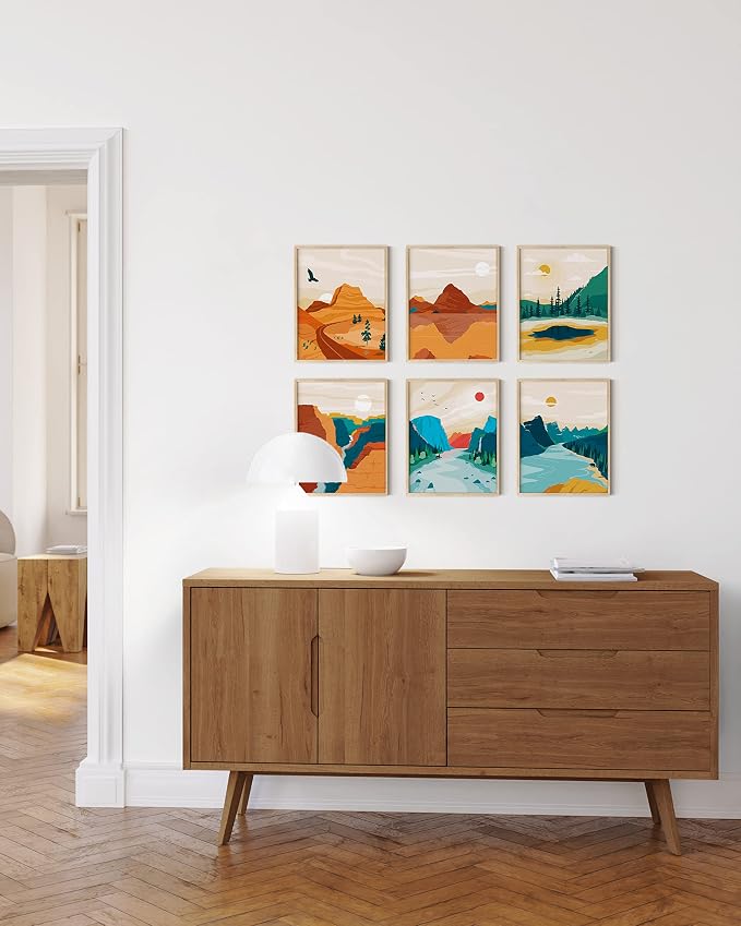 HAUS AND HUES Vintage National Park Posters - Set of 6 National Parks Art Prints, Nature Wall Art and Mountain Print Set, Abstract Prints of Mountain Wall Art (Beige Frame, 8x10)