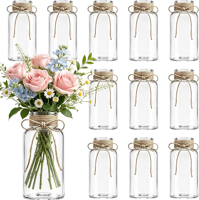 Mason Jar Glass Vases 12 Pack, Clear Flower Vase for Centerpieces | Rustic Farmhouse Home Decor, Bud Vase with Twine, Wedding Table Decoration, Boho Floral Arrangement, Vintage Jars Bulk