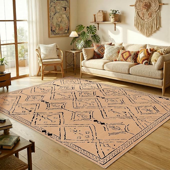 jinchan 8x10 Faux Jute Area Rug Washable Moroccan Living Room Rug, Taupe | Neutral Boho Geometric, Non-Slip, Low Pile, Indoor Outdoor, Natural Fiber Look, Dining Room, Deck, Backyard, Bedroom, Patio