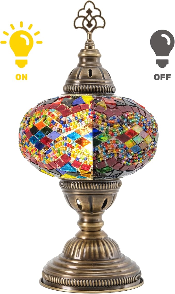 Moroccan Turkish Lamp – Colorfull Mosaic Glass Bedside & Desk Light, Handcrafted Vintage Home Decor with E12 Socket