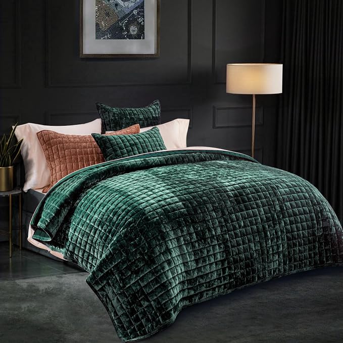 RECYCO Channel Box Stitch Velvet Quilt Set, Full Queen Size, Emerald Green | Ultra Soft Lightweight Velvet Comforter, Luxury Oversized Bedspread Coverlet, Quilted Bedding Set for All Season with 2 Shams