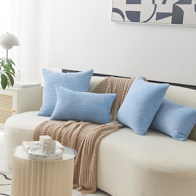 Home Brilliant Blue Throw Pillow Covers Striped Velvet Couch Pillow Cushion Covers Set of 2 Large Pillows Covers for Couch Bench Sofa Bedroom, 55 x 55cm, 22 x 22 Inch, Baby Boy Blue