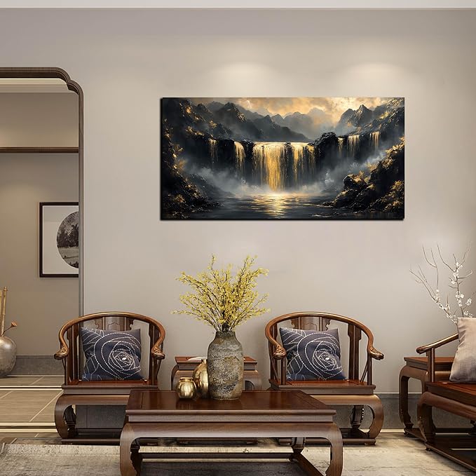 Mountain Pictures Wall Art for Living Room - Black And Gold Wall Decor Office - Modern Art Wall Decor for Bedroom Size 24" x 48"
