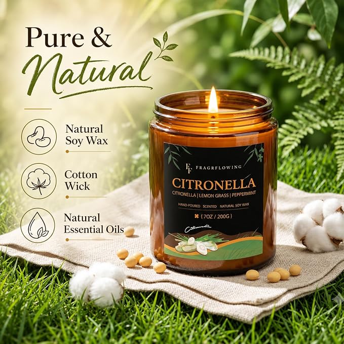 Citronella Candles, Indoor Outdoor Lemongrass Scented Candles，Natural Soy Wax Jar Candle, 100-Hour Burn Time, 7 oz (2 Pack)