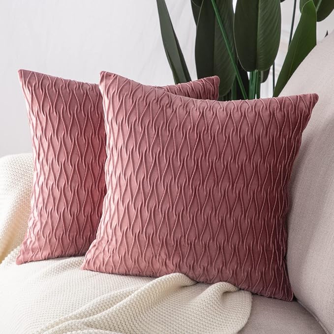 MADIZZ Set of 2 Super Soft Velvet Decorative Throw Pillow Covers 22x22 inch Pink Square with Texture Luxury Style Cushion Case Pillow Shell for Sofa Bedroom
