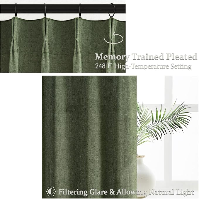 Dark Green Textured Linen Blend Curtains 102 Inches Long for Dining Room, Pinch Pleated Ceiling Track Sheer Curtains with Hooks Ring Light Filtering Drapes Olive Forest 40" W x 102" L Panels 2 Set