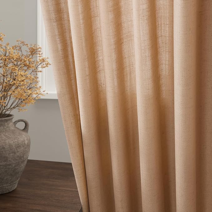 Camel Linen Curtains 2 Panels Set for Living Room Back Tab Rod Pocket Window Drapes Light Filtering Semi Sheer Elegant Farmhouse Curtain 100 Inches Long for Dining Room Bedroom 52x100