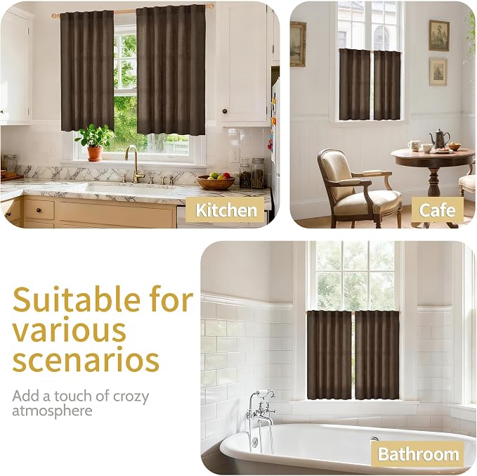 YoungsTex Brown Linen Curtains 45 Inches Long for Short Window, Back Tab Rod Pocket Chocolate Drapes Light Filtering for Kitchen Bathroom Cafe Decorative, 2 Panels, 42 X 45 Inch