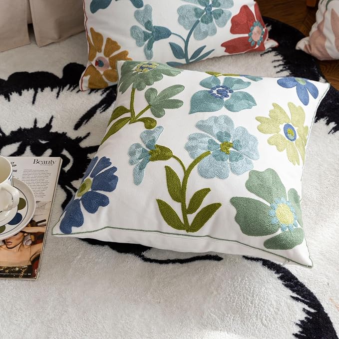 YIcabinet Pack of 2 Throw Pillow Covers,Flower Embroidery Pillow Case Soft Square Decorative Pillowcases for Home Sofa Couch 18x18 Inch