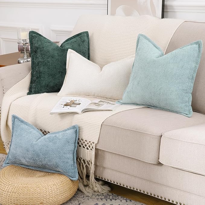 MADIZZ Decorative Chenille Velvet Throw Pillow Covers Set of 2 Soft Boho Textured Neutral Couch Throw Pillow for Bed Modern Farmhouse Home Decor for Sofa Livingroom Aqua Green 18x18 Inch