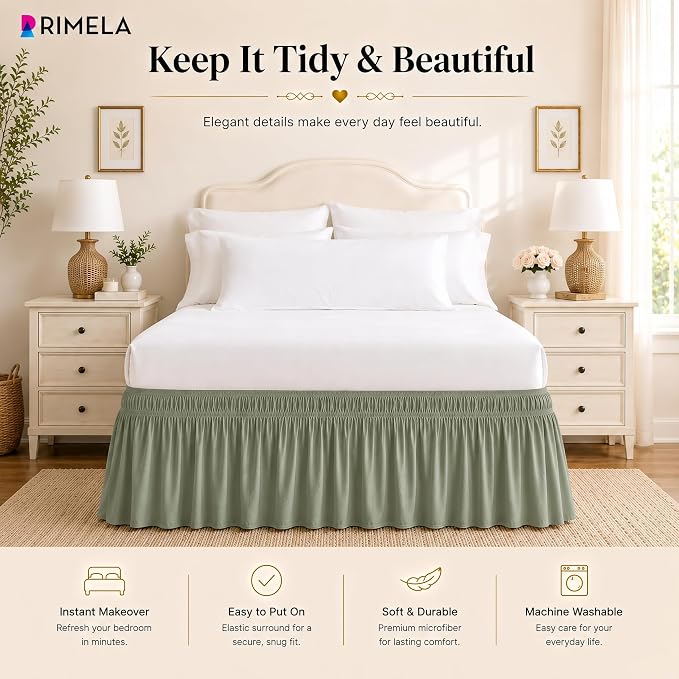 Sage Green Bed Skirt King Size 15" Drop, Elastic Wrap Around Bedskirt | Solid Ruffled, Easy to Use, No Mattress Lifting, Wrinkle & Fade Resistant, with Adhesive Strips, Machine Wash/Dry/Iron