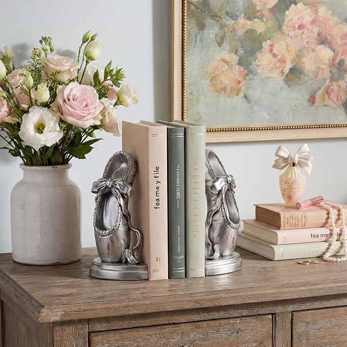 Bookends for Shelves, Ballet Slipper Decorative Bookends - Book Ends with Anti-Slip Pad for Book Lovers Dancers Heavy Book Holder for Home Office Decor (Silver)