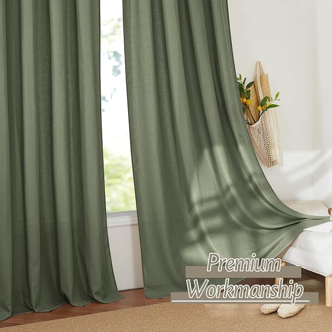RYB HOME Linen Sheer Curtains 2 Panels for Living Room, Semi Transparent Privacy Drapes with Rod Pocket Farmhouse Style Window Treatments for Bedroom, Olive Green, 52" W x 95" L