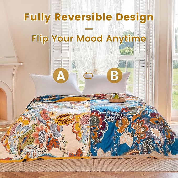 MSGKV Boho Throw Blanket 50"x60" 100% Cotton Floral Muslin Throw for Couch | 100 Cotton Throw, Floral Pattern, Reversible Woven, Summer Breathable, Lightweight Comfort, Farmhouse Decor, Machine Washable