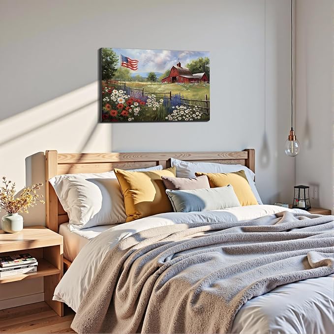 Framed Rustic American Flag Red Barn Wall Art, Patriotic Farmhouse Canvas Art Pictures, USA Flag Wall Decor for Living Room Kitchen Entryway, Ready to Hang Made in USA