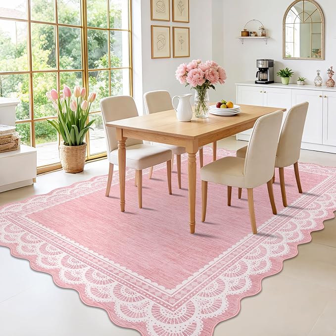 COZYLOOM 9x12 Lace Border Area Rug for Bedroom, Scalloped Large Living Room Rug with Non Slip Backing, Non Shedding Modern Solid Color Area Rugs Stain Resistant Low Pile Mats for Kids Room, Pink