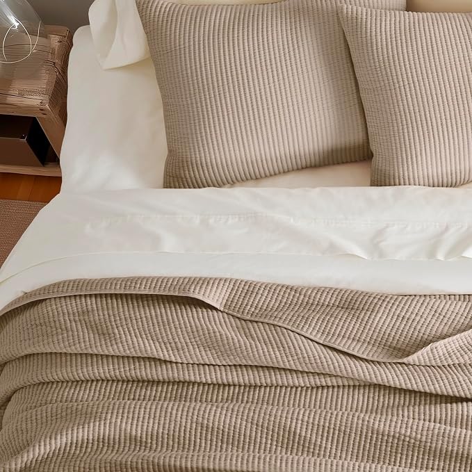 EVERGRACEHOME Cotton Ribbed Matelassé Coverlet Set, King Size, Urban Taupe | Soft Lightweight Bedspread, 3 Pieces, Breathable Cozy Oversized Quilted Bedding Set for All Seasons, with 2 Pillow Shams