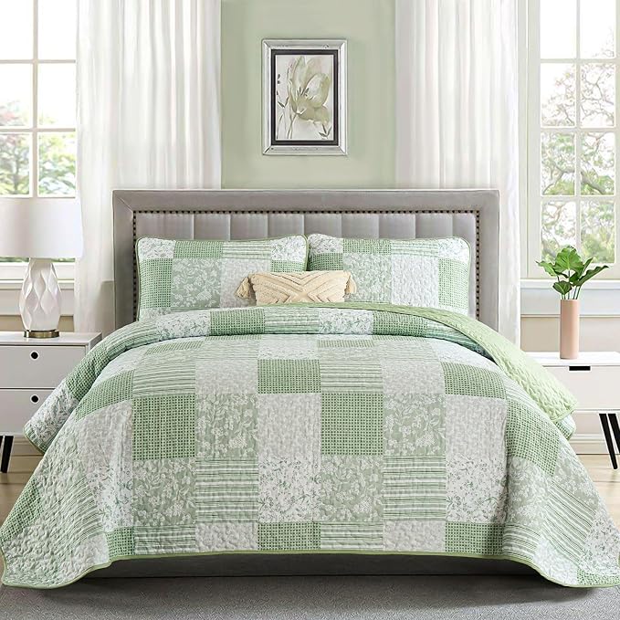 Mybedsoul Light Green Boho Quilt Set Full Size, Patchwork Quilt Bedding Set | 3 Pieces Plaid Floral Bedspread Coverlet Set for All Seasons, Soft Lightweight Patchwork Reversible Bedding Set 78"×90"