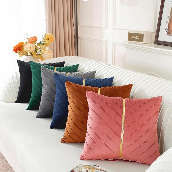 TAOSON Teal Gold Leather Velvet Throw Pillow Covers, 18"x18", Pack of 2 | Gold Leather Decorative, Cushion Cases, Spring Summer, Sofa Couch Living Room Décor