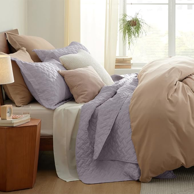 Bedsure Queen Size Quilt, Lightweight Comforter Set, Light Purple Bedspread | Coverlet, Basket Weave, All-Season Comfort, Skin-Friendly Soft, Breathable, Machine Washable, 90"x96", 3 Pcs, 2 Pillow Shams