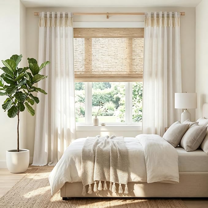 jinchan Linen Curtains for Living Room Bedroom Light Filtering Semi Sheer Curtains Boho Farmhouse French Country Cottage Core Decor Window Drapes Back Tab 90 Inch Length Tassel Beige