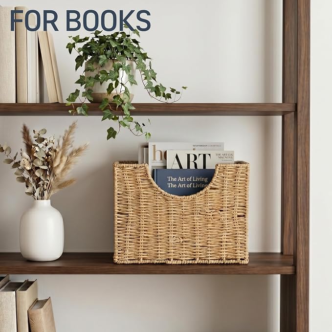 Coeusy Wicker Magazine Basket, Paper Rope Woven Magazine Holder for Files, Books, Documents, Newspapers, Narrow Boho Organizer and Storage Bins with Handle for Office, Living Room, Bathroom (Natural)