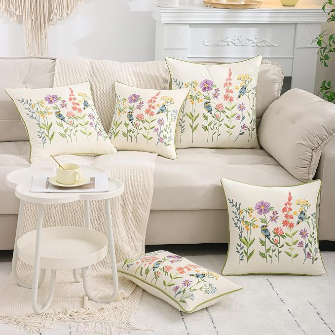 Embroidered Throw Pillow Covers 20x20 Pack of 2 Birds and Flowers | Durable Fabric,Square Pillow Cover,Boho Decorative,Hidden Zipper,Aesthetic Design,Ideal Gift,Machine Washable
