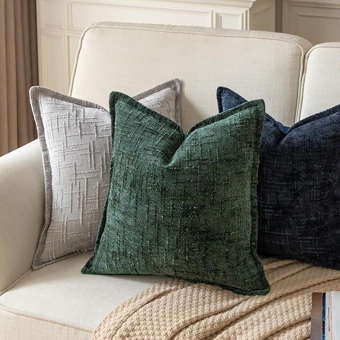Yaertun Chenille Throw Pillow Covers 22x22 Inch Set of 2 Textured Broadside Soft Cozy Velvet Pillow Covers Modern Farmhouse Boho Decorative Pillow Cases for Couch Bed Sofa Livingroom Dark Green