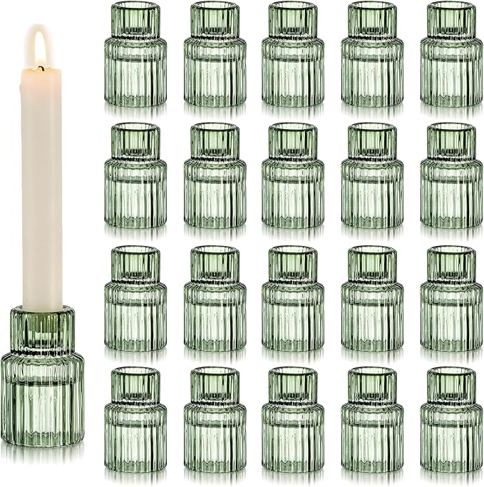 Hewory Taper Candle Holders Bulk, 20PCS Green Glass Candlestick Holders | For 0.86" Taper Candles, Ribbed, Vintage Candle Sticks Holder Decor, Wedding Table Centerpiece Bridal Showers Christmas Home