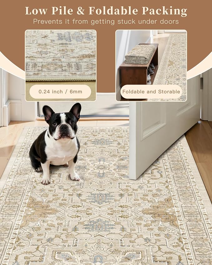 Madane Area Rug 4x6 Washable Rugs Vintage for Living Room, Beige/Blue | Ultra-Thin Stain Resistant Vintage Large 4'X6' Carpet, Low-Pile Floor Mat For Bedroom Dining Room Office Home Decor