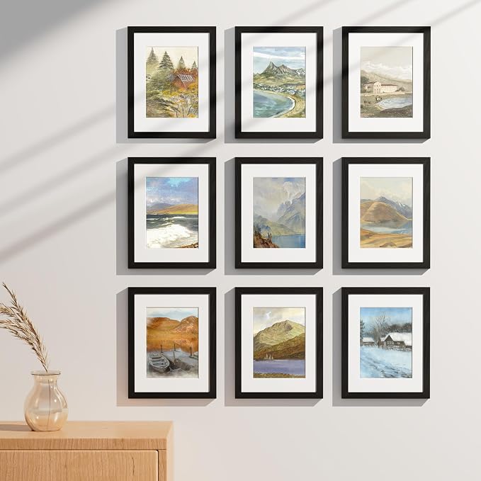 Vittanly 8.5x11 Picture Frames Set of 9 for Wall Mount or Tabletop, Black | Certificate Frame Display Pictures 6x8 with Mat or 8.5x11 without Mat, Diploma Document Degree Frames, Engineered Wood