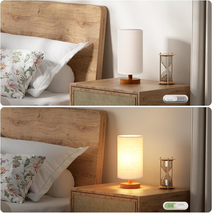 Fenmzee Small Table Lamps (Beige Shade - Walnut Base, 9" Inline Control)