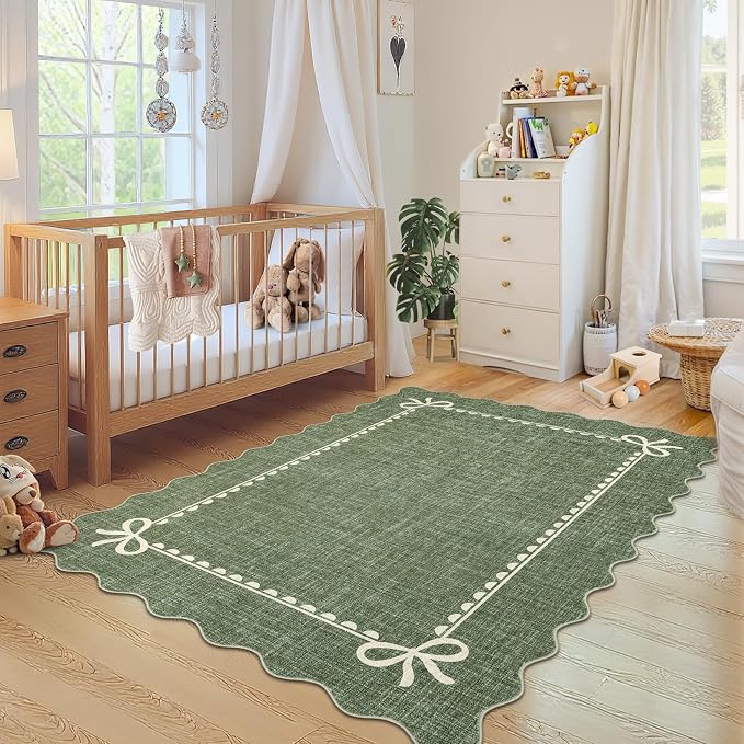 COZYLOOM 6x9 Scalloped Rugs for Dining Room Washable Living Room Area Rug, Non Slip Stain Resistant Modern Bow Carpet Non Shedding Low Pile Soft Bordered Mats for Bedroom, Nursery, Office, Green