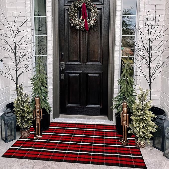 Christmas Plaid Outdoor Rug, 2'4" x 3'7" Red & Black Check Indoor/Outdoor Area Rug, Layering Rug for Hello/Welcome Door Mat, Machine Washable Cotton Woven Farmhouse Mat for Front Porch Décor