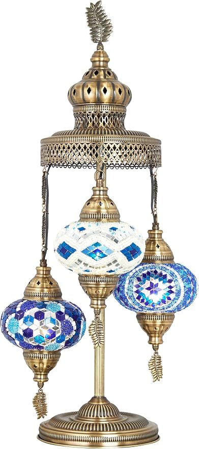 DEMMEX 3 Big Globes XL Magnificent Handmade Turkish Moroccan Mosaic Tiffany Style Table Desk Bedside Lamp Lampshade Exotic Night Accent Light for North American Use, 31" Height (Blue)