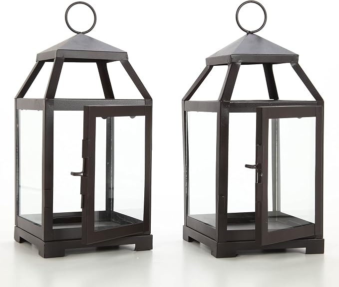 Hosley Set of 2 Clear Glass and Iron Classic Style Lantern 12 Inch High Ideal Gift for Weddings Festivities Parties Outdoor Activities Aromatherapy Spa Settings with Votive or LED W9