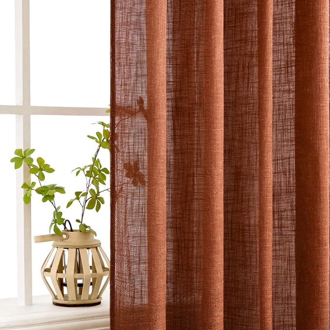 MIULEE Burnt Orange Fall Linen Curtains 120 Inch with Thick Linen Textured | Textured Window Drapes, Terracotta Rust Fall Decor, Semi Sheer Light Filtering, Rod Pocket Back Tab, 2 Panels 10 Ft