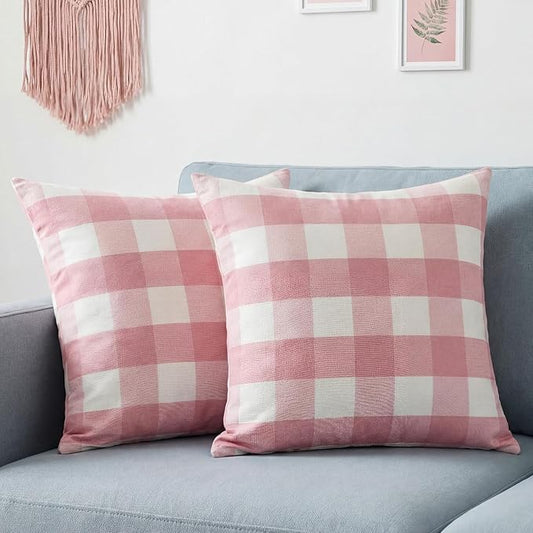 Cute Light Pink and White Buffalo Check Plaid Pillow Covers 18x18 Set of 2 | Light Pink Outdoor Throw Pillows 18 x 18, Cute Girly Pink Room Decor, Soft and Durable Textured Pillow Covers for Couch Bed