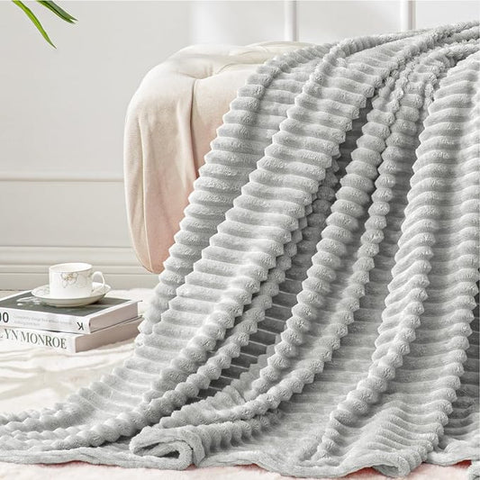 BEDELITE Ribbed Jacquard Light Grey Fleece Twin Blanket for Bed, 60x80 Inch | Soft Warm Decorative Fluffy Blanket, Cozy Plush Lightweight Fuzzy Throw Blanket for Couch Sofa Room Decor, Gift for Women