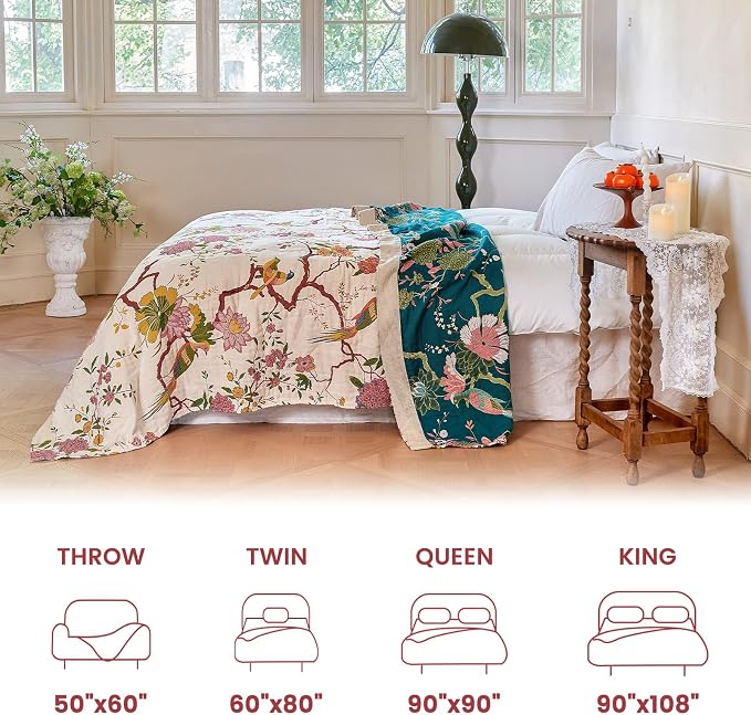 MSGKV Boho Throw Blanket 50"x60" Cotton Bird Blanket for Couch Bed Decor | 100% Cotton Throw, Chinoiserie Floral Bird, Reversible Blanket, Summer Decor, Road Trip Blanket, Machine Washable
