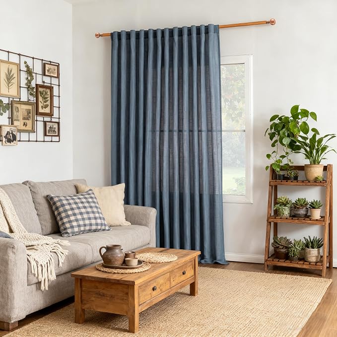 MYSKY HOME Living Room Curtains 90 Inches Long Farmhouse Light Filtering Privacy Curtain Drapes for Patio Door, Linen Look Texture Fabric Bohemian Draperies Soft Touch, 100" Wide, Dusty Blue, 1 Pieces
